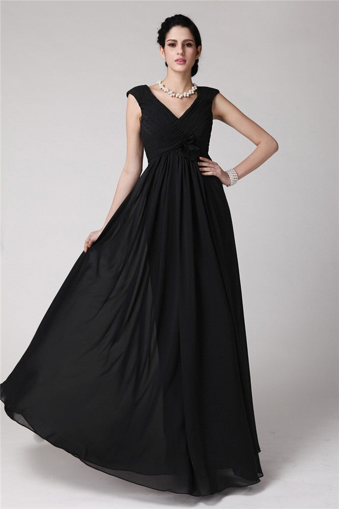 Elegant V-Neck Sleeveless Pleats Long Evening Dress Chiffon-ballbellauk