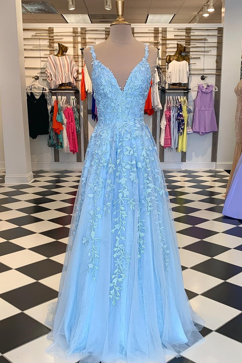 Elegant V Neck Tulle Prom Dress UK with Spaghetti-Straps & Appliques-ballbellauk