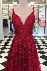 Elegant V Neck Tulle Prom Dress UK with Spaghetti-Straps & Appliques-ballbellauk