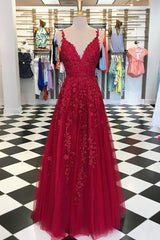 Elegant V Neck Tulle Prom Dress UK with Spaghetti-Straps & Appliques-ballbellauk