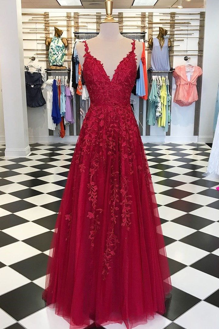 Elegant V Neck Tulle Prom Dress UK with Spaghetti-Straps & Appliques-ballbellauk
