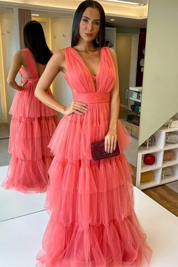 Elegant Watermelon Long Tulle Prom Dress UK-ballbellauk