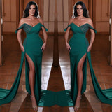 Emerald Green V-Neck Mermaid Evening Dress With Ruffles Split Off-The-Shoulder-ballbellauk