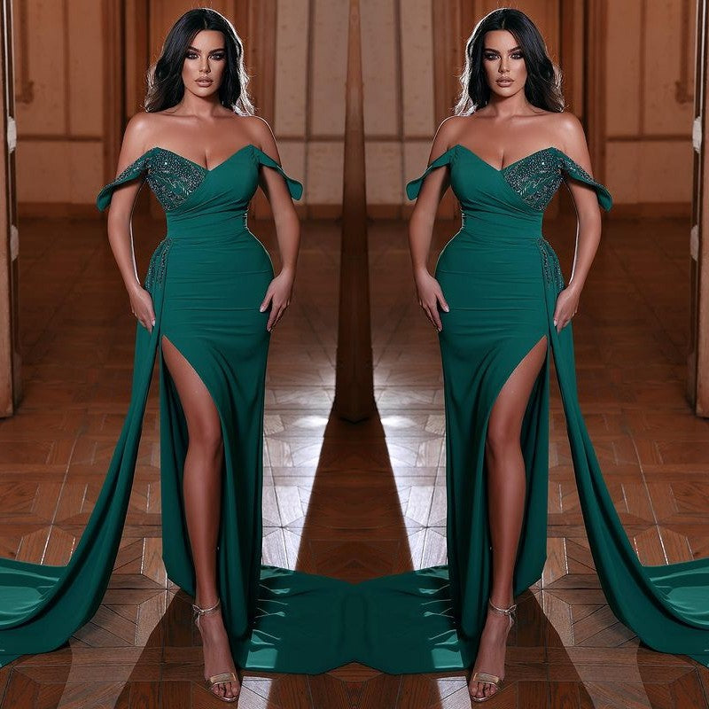 Emerald Green V-Neck Mermaid Evening Dress With Ruffles Split Off-The-Shoulder-ballbellauk