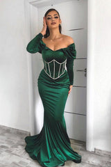 Emerald Mermaid Evening Dress with Long Sleeves and Appliques-ballbellauk