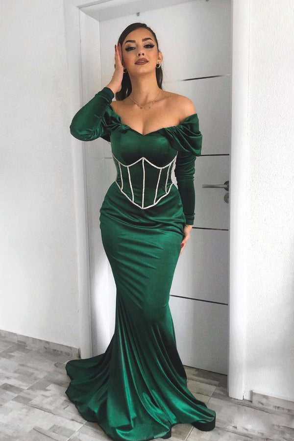 Emerald Mermaid Evening Dress with Long Sleeves and Appliques-ballbellauk