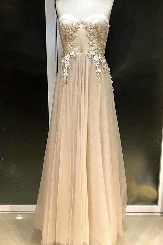 Empire Sleeveless Sweetheart Long With Appliques Tulle Prom Dress-ballbellauk
