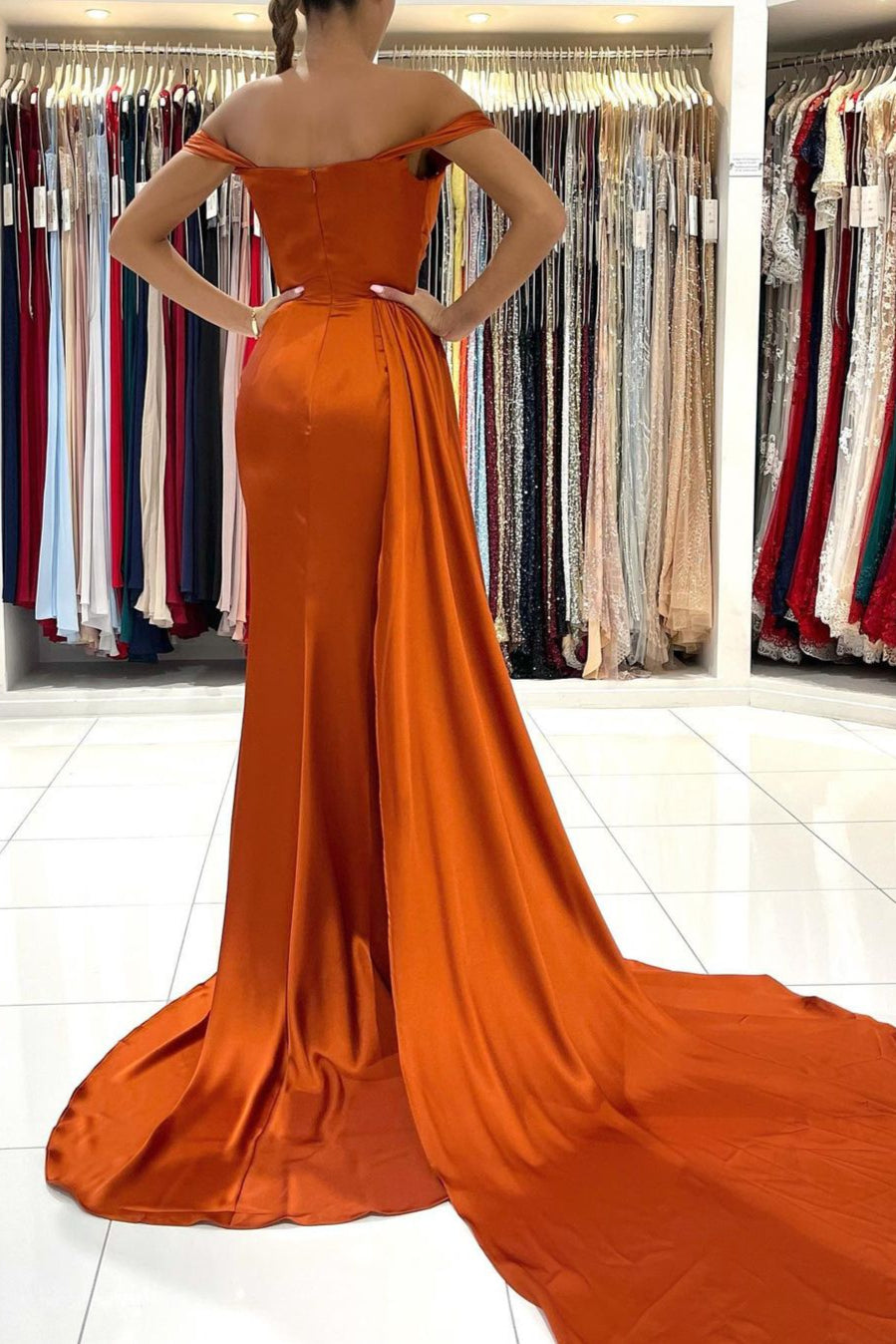 Fabulous Burnt Orange Mermaid Prom Dress Long With Split Off-the-Shoul