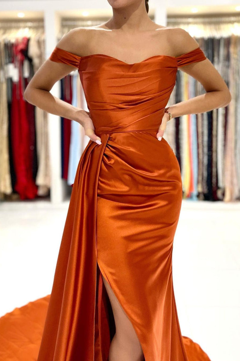Fabulous Burnt Orange Mermaid Prom Dress Long With Split Off-the-Shoulder-ballbellauk