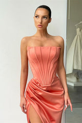 Fabulous Orange Strapless Pleats Prom Dress with court train High-split-ballbellauk