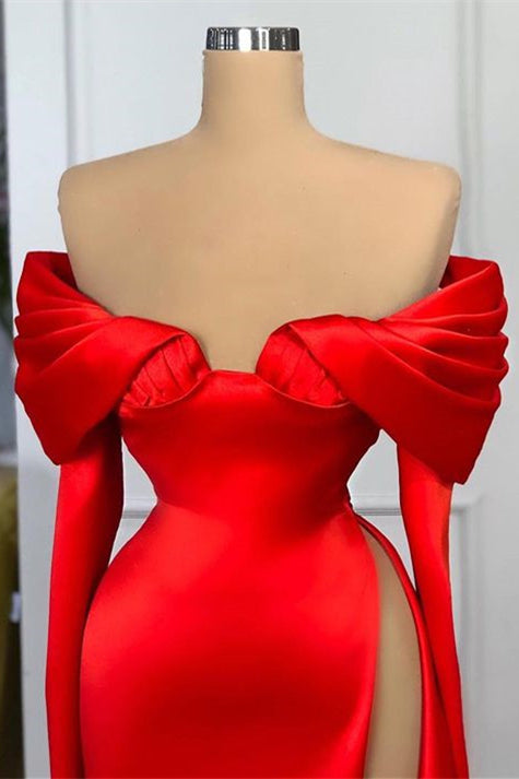 Fabulous Red Off-the-Shoulder Long Sleeves Evening Dresses Mermaid Slit On Sale-ballbellauk