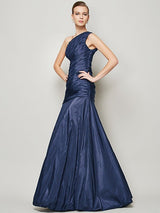 Fabulous Sleeveless One Shoulders Pleats Long Taffeta Bridesmaid Dresses-Ballbella