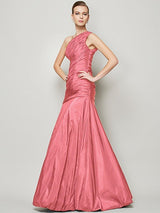 Fabulous Sleeveless One Shoulders Pleats Long Taffeta Bridesmaid Dresses-Ballbella