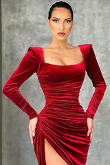 Fabulous Velvet Sheath Ruched Square Long Sleeves Prom Dress-ballbellauk