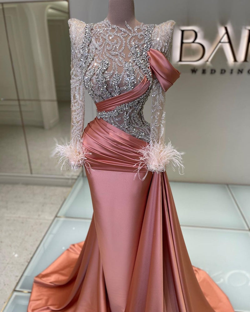 Feather Long Sleeve Sequins Diamond Prom Dress UK with Ruffles-ballbellauk
