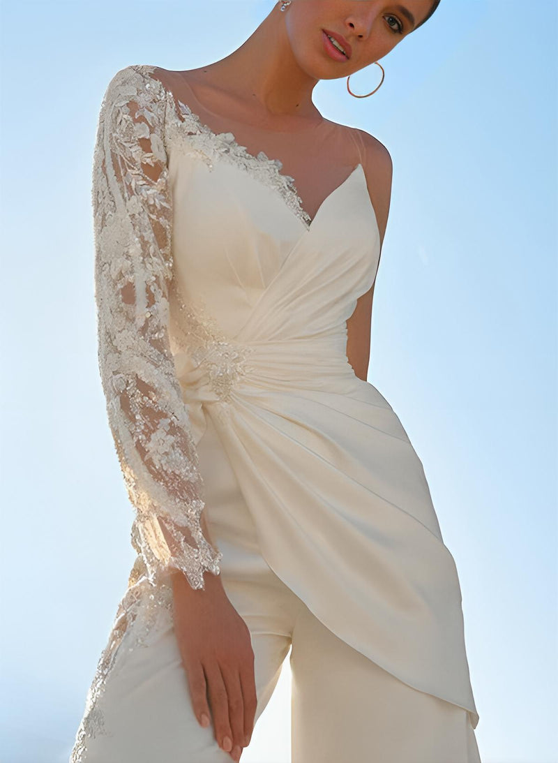Floor-Length Wedding Jumpsuit Appliques Lace Long Sleeves-Ballbella