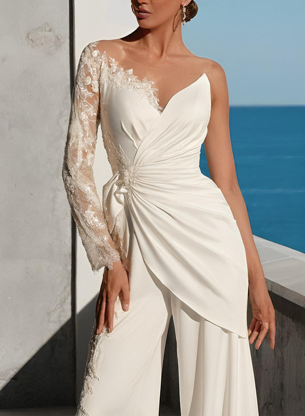 Floor-Length Wedding Jumpsuit Appliques Lace Long Sleeves-Ballbella