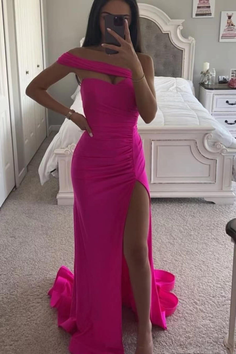 Fuchsia One-Shoulder Sleeveless Mermaid Prom Dress UK With Split-ballbellauk