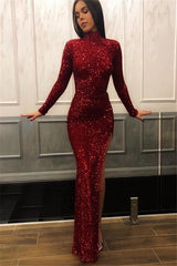 Glamorous Burgundy Prom Dress UK with Sequins and High Collar Long Sleeves-ballbellauk