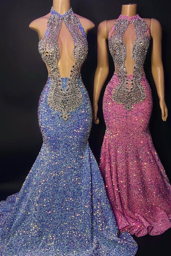 Glamorous High Neck Mermaid Prom Dress UK With Beaded Sequins And Appliques-ballbellauk