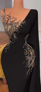 Glamorous Long Black Mermaid Beading Lace Evening Party Gowns-Ballbella