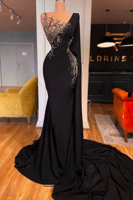 Glamorous Long Black Mermaid Beading Lace Evening Party Gowns-Ballbella