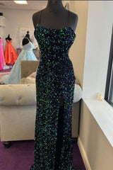 Glamorous Mermaid Prom Dress UK with Sequins and Split Spaghetti-Straps-ballbellauk