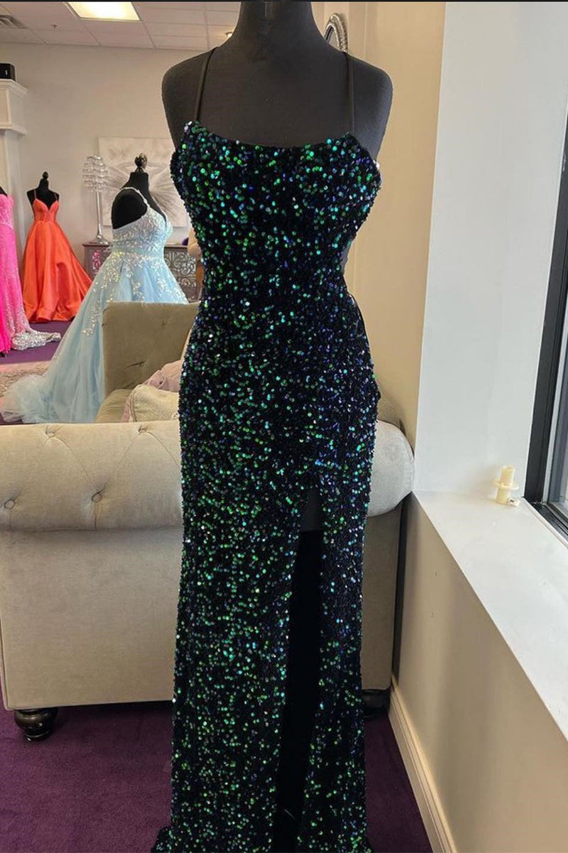 Glamorous Mermaid Prom Dress UK with Sequins and Split Spaghetti-Straps-ballbellauk