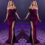 Glamorous Mermaid Slit Prom Dress UK Beads with Rhinstone Tassels Off-The-Shoulder-ballbellauk