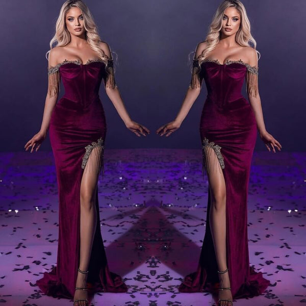 Glamorous Mermaid Slit Prom Dress UK Beads with Rhinstone Tassels Off-The-Shoulder-ballbellauk