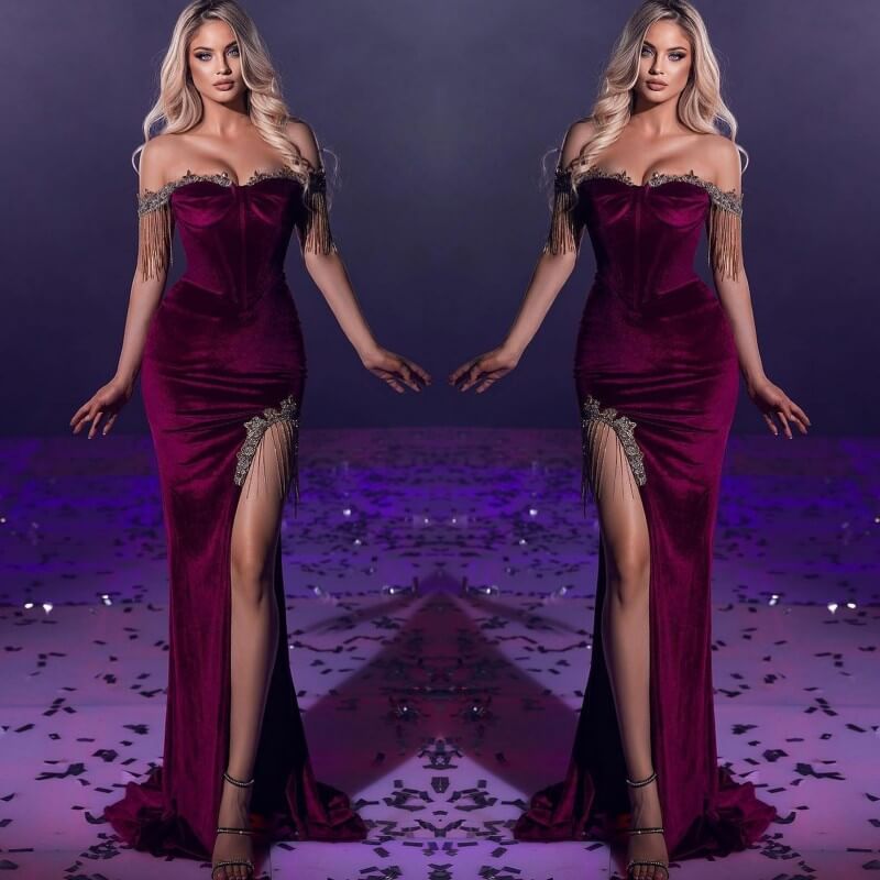 Glamorous Mermaid Slit Prom Dress UK Beads with Rhinstone Tassels Off-The-Shoulder-ballbellauk