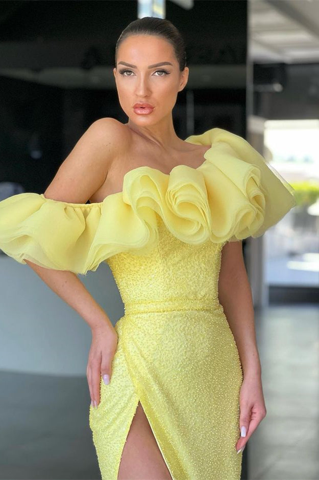 Glamorous Off-The-Shoulder Evening Dress with Split Sequins - Daffodil Mermaid-ballbellauk