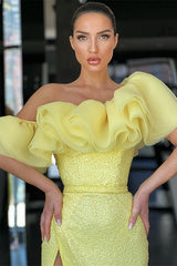Glamorous Off-The-Shoulder Evening Dress with Split Sequins - Daffodil Mermaid-ballbellauk