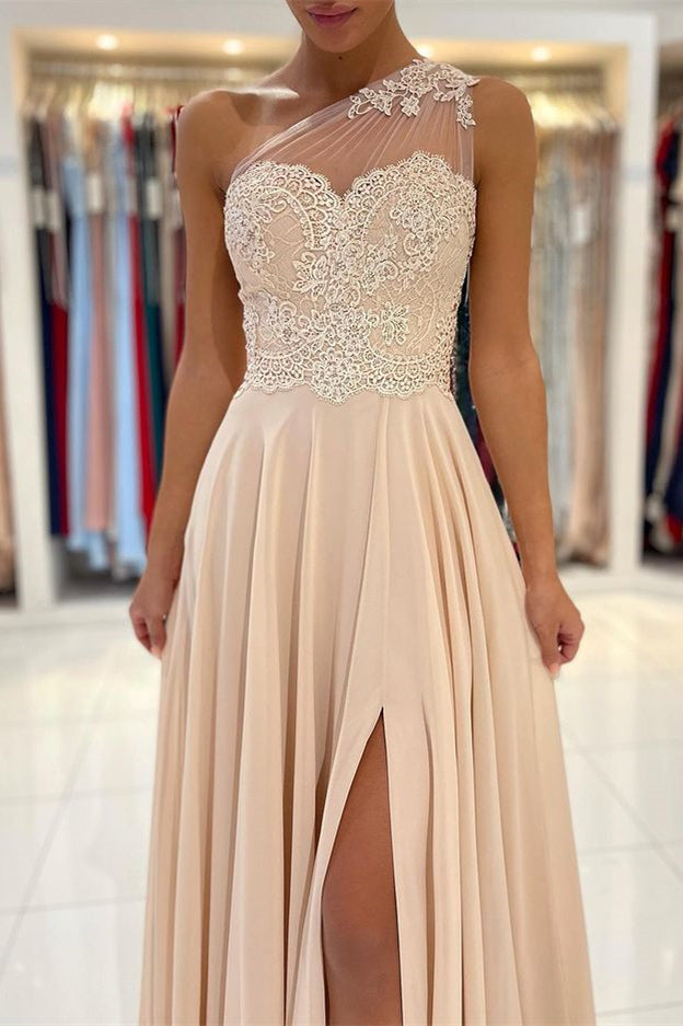 Glamorous One Shoulder Lace Appliques Prom Dress UK with Front Split-ballbellauk
