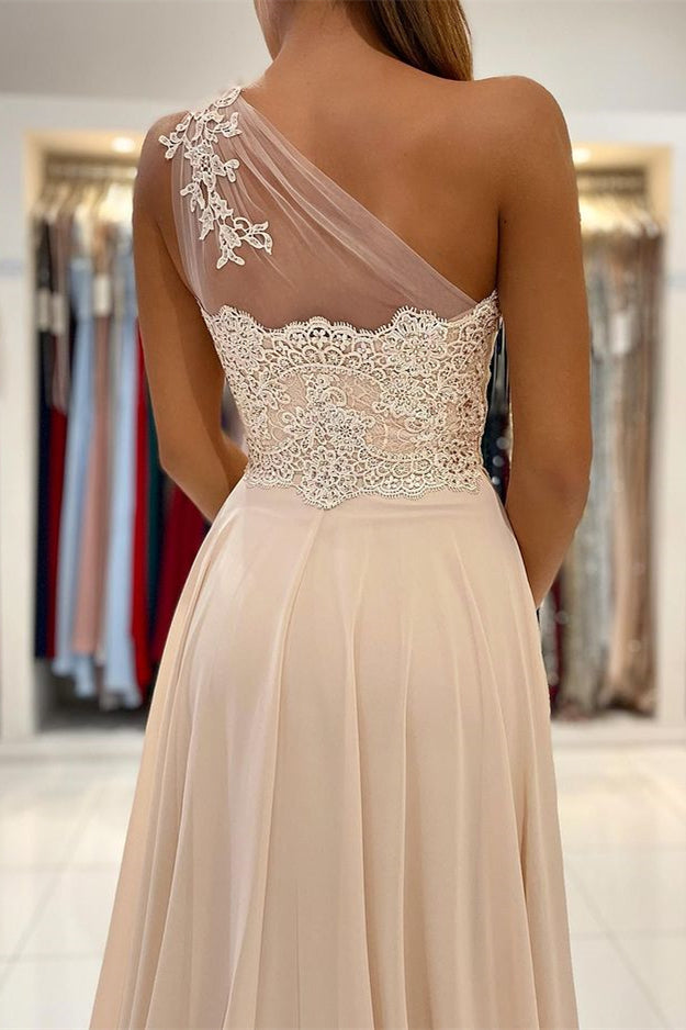 Glamorous One Shoulder Lace Appliques Prom Dress UK with Front Split-ballbellauk
