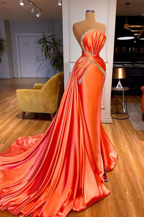 Glamorous Orange Mermaid Prom Dress With Detachable Train Crystal-ballbellauk