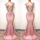 Glamorous Pink Spaghetti-Straps Long Mermaid Prom Dress UK With Lace Appliques-ballbellauk