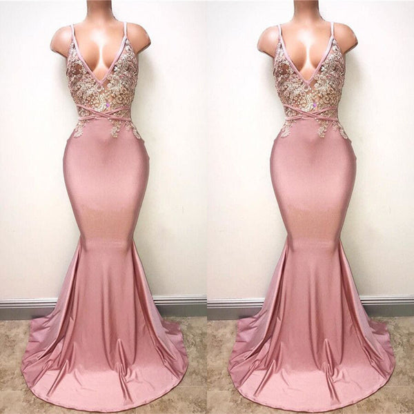 Glamorous Pink Spaghetti-Straps Long Mermaid Prom Dress UK With Lace Appliques-ballbellauk