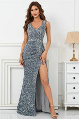 Glamorous Sliver V-Neck Mermaid Sleeveless Prom Dress With Split Sequins-ballbellauk