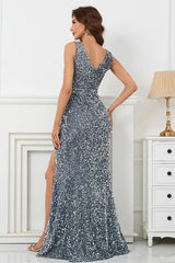 Glamorous Sliver V-Neck Mermaid Sleeveless Prom Dress With Split Sequins-ballbellauk