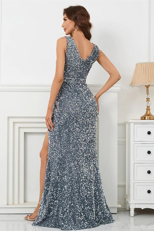 Glamorous Sliver V-Neck Mermaid Sleeveless Prom Dress With Split Sequins-ballbellauk