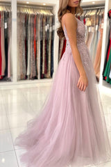 Glamorous Tulle Spaghetti Strap A-Line Evening Dress With Beadings-ballbellauk