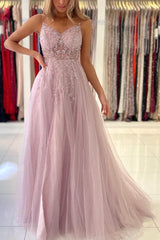 Glamorous Tulle Spaghetti Strap A-Line Evening Dress With Beadings-ballbellauk