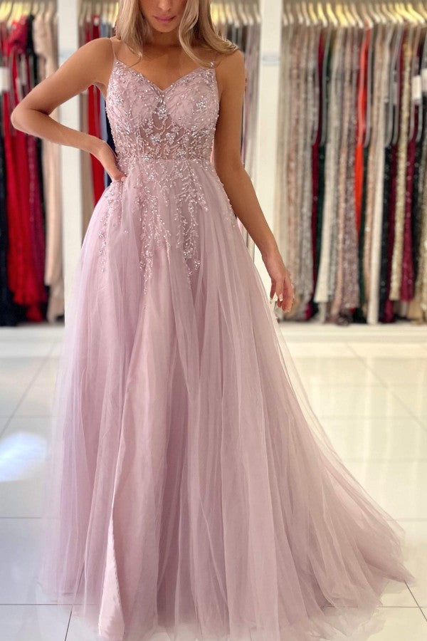 Glamorous Tulle Spaghetti Strap A-Line Evening Dress With Beadings-ballbellauk