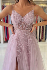 Glamorous Tulle Spaghetti Strap A-Line Evening Dress With Beadings-ballbellauk