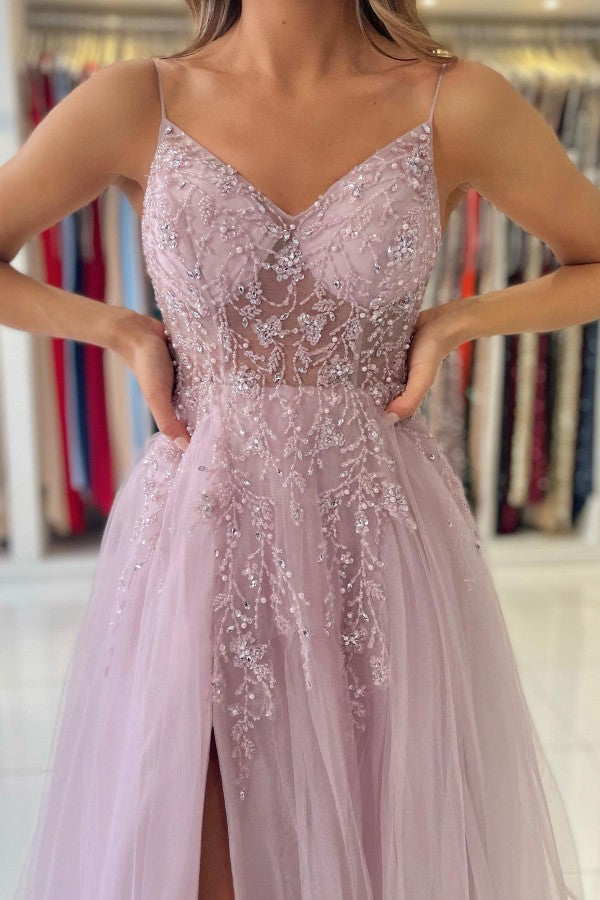 Glamorous Tulle Spaghetti Strap A-Line Evening Dress With Beadings-ballbellauk