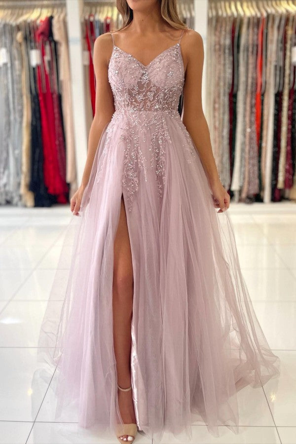 Glamorous Tulle Spaghetti Strap A-Line Evening Dress With Beadings-ballbellauk