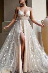 Glamorous V-Neck Prom Dress Sequins Long Ball Dresses Split Spaghetti-Straps-ballbellauk