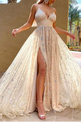 Glamorous V-Neck Prom Dress Sequins Long Ball Dresses Split Spaghetti-Straps-ballbellauk