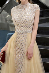 Glamorous Yellow Sequins Beadings Evening Dress With Long Ruffles High Collar Cap Sleeves-ballbellauk